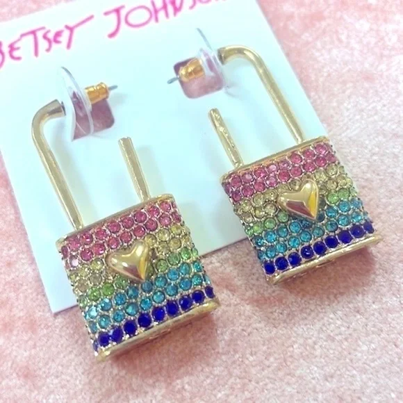 Brand New Betsey Johnson All You Need is Love Locket Crystal Rainbow Earrings - Picture 5 of 14